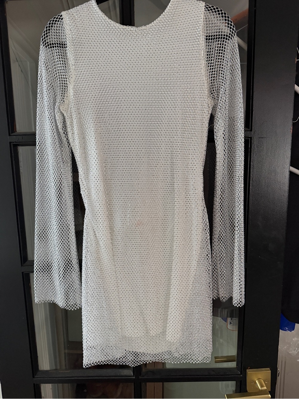 12th Tribe White Rhinestone Mesh Long-Sleeve Mini Dress